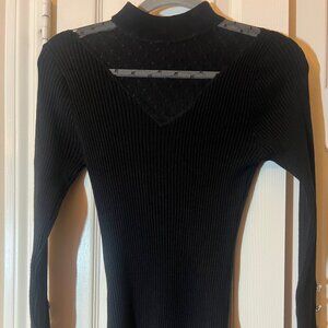 NEW Women's Black Ribbed Knit Sweater with Mesh Detail - Long Sleeve - Large L l